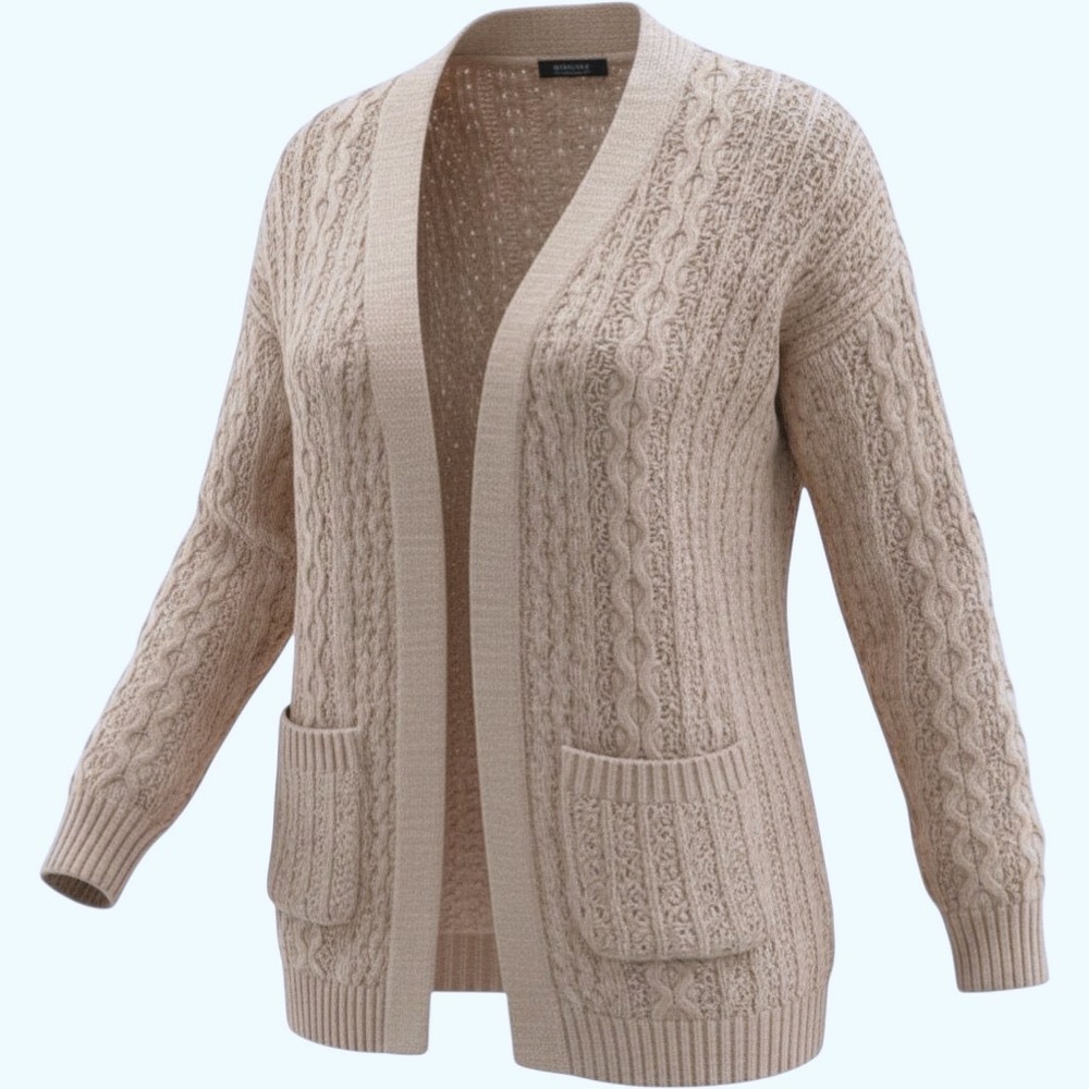 Tribekka 44 Cardigan Women's Medium Beige Cable Knitted Patch Pockets Open Front